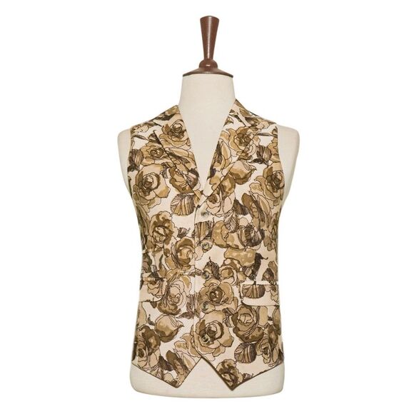 Mens 46R Floral Vest Waistcoat Cream Beige Brown Wedding Party Formal Casual